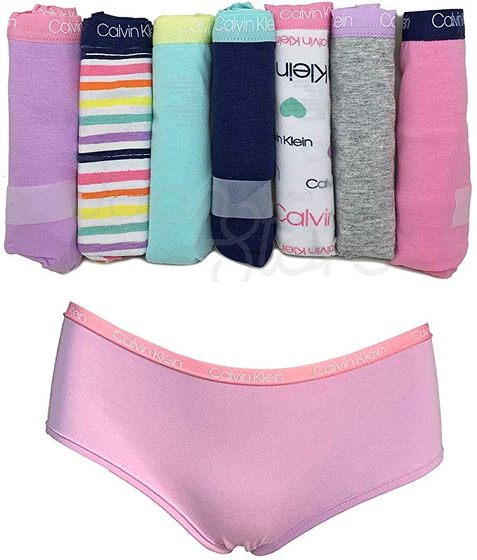 Calvin Klein Girls Hipster Panties Cotton Stretch Logo Waistband Tagless (7 Pack) (M) - ADDROS.COM